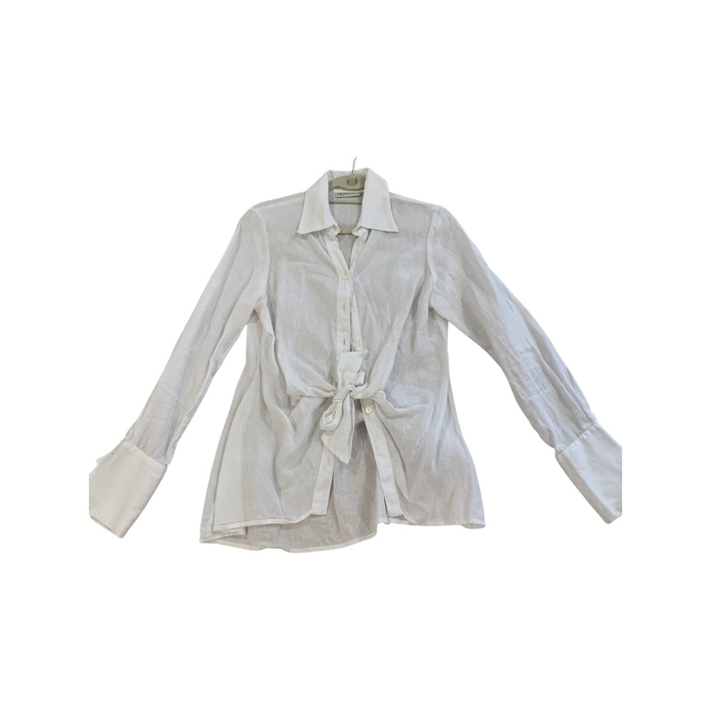 Neiman Marcus 100% Linen Button Down Blouse with Knot Tie at Waist.
